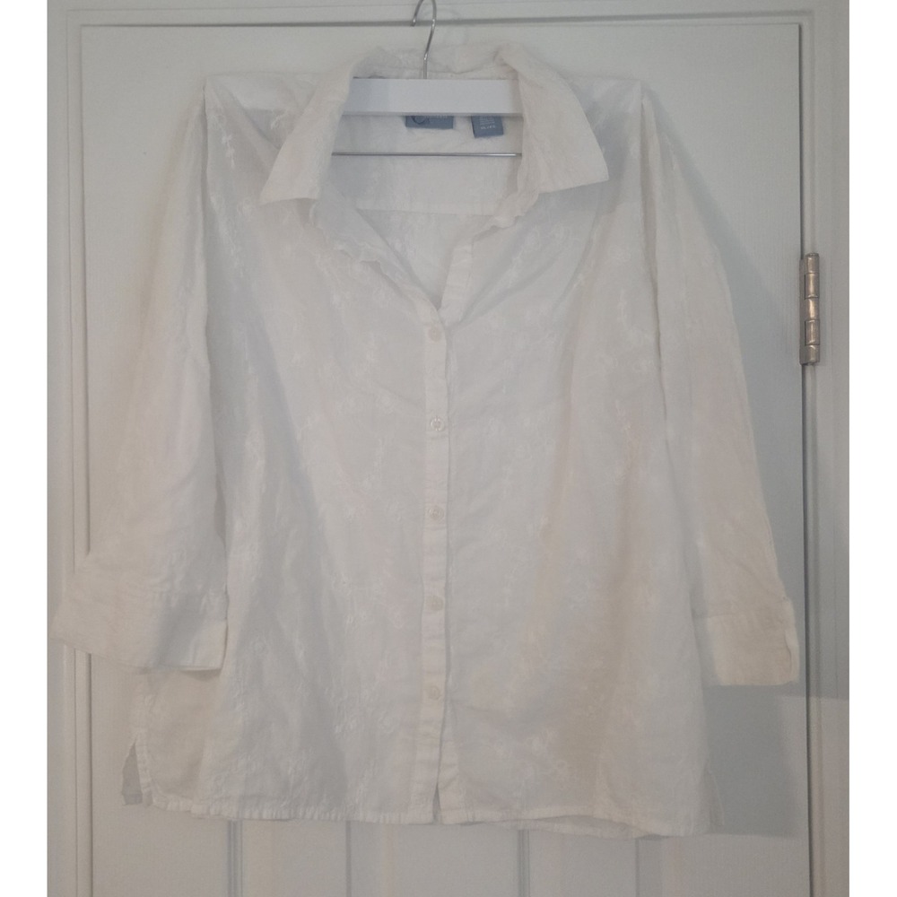 Classic Elements Embroidered Floral Collared 3/4 Sleeve Blouse White XL ButtonUp